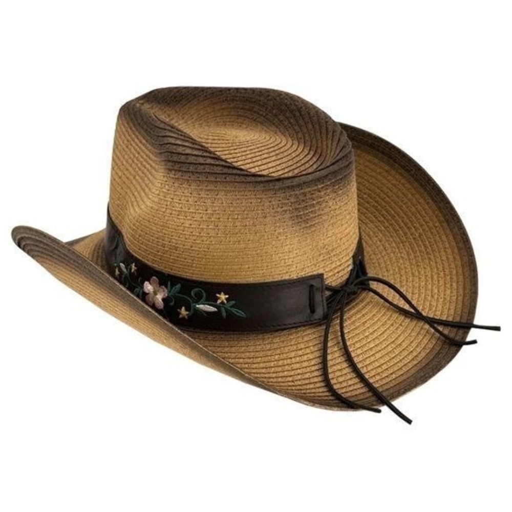 Two Tone Western Paper Straw Cowboy Hat Steer Head Band NWT - Picture 4 of 7